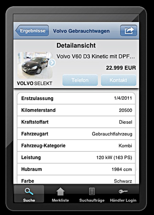 Volvo Gebrauchtwagen-App mit zahlreichen bedienungsfreundlichen Funktionen