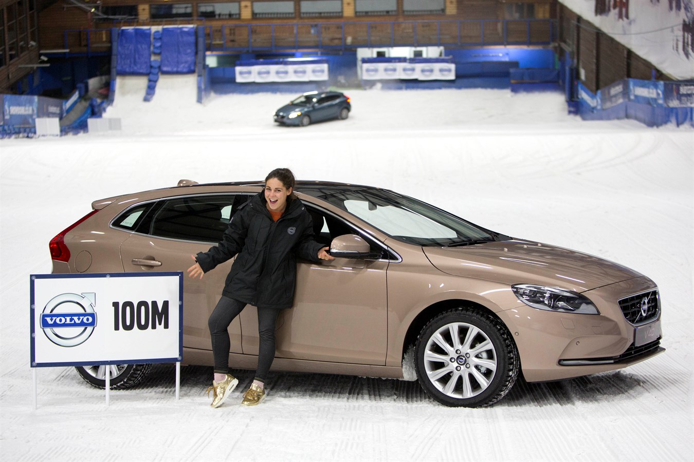 Louise Thompson, star of TV's Made in Chelsea demonstrates the advantages of winter tyres for driving in snow