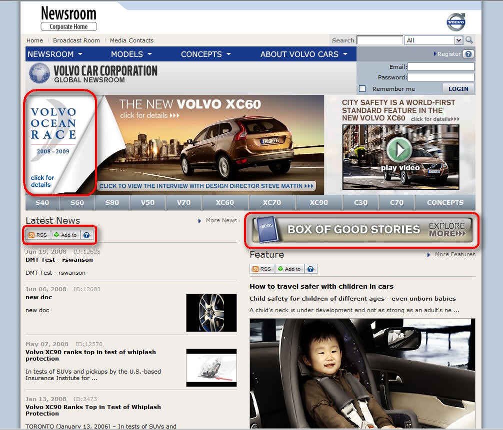 Screenshot - news on Volvo Cars Newsroom, "Box of good stories" 2008