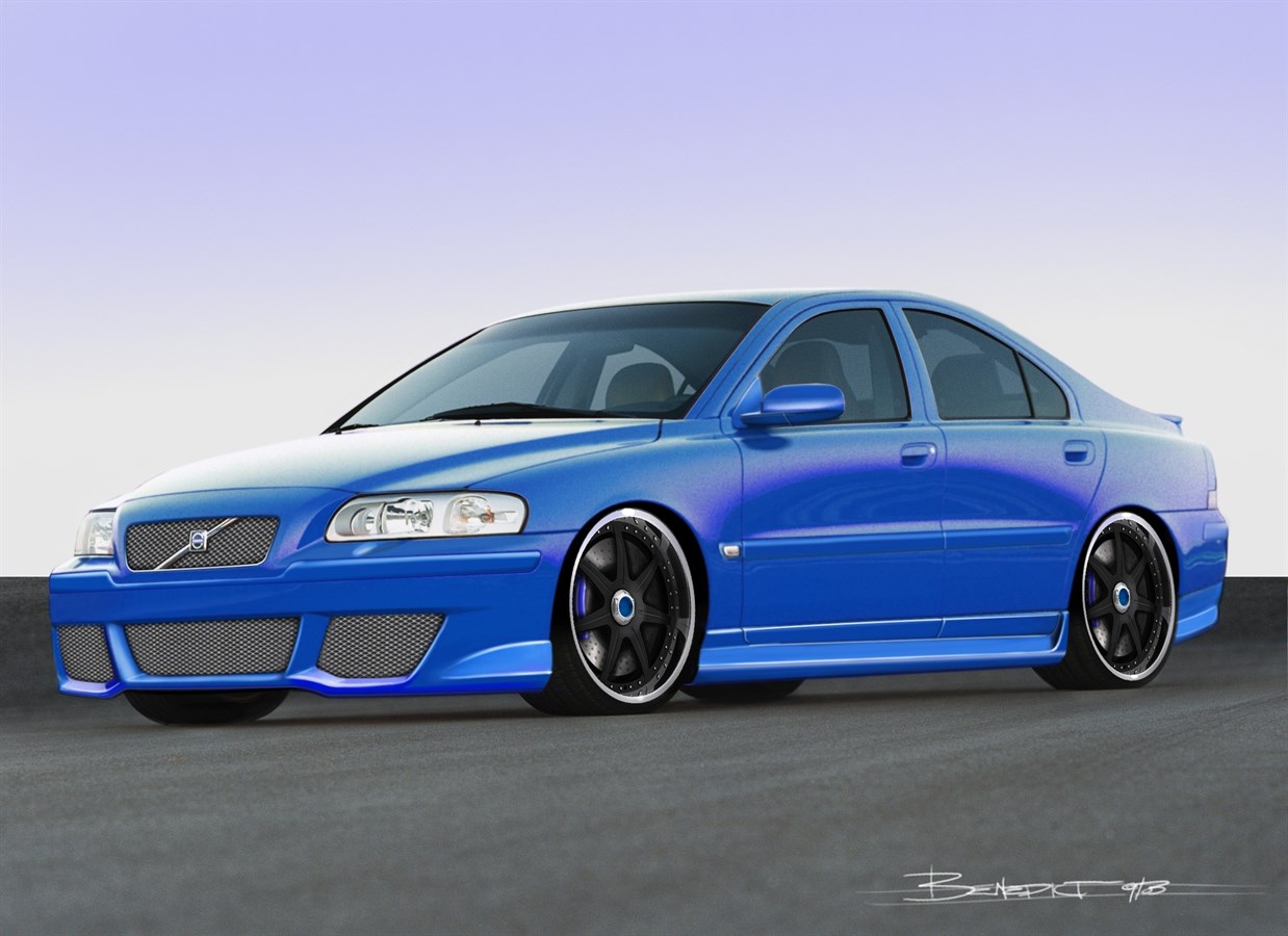 Front, left shot of the modified, Laser Blue Volvo S60 R parked in a tarmac...