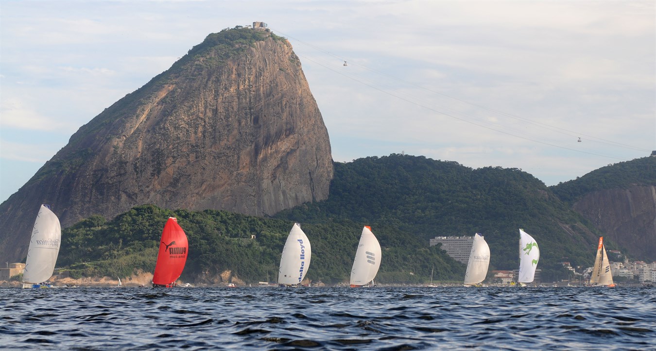 The fleet head downwind in the Light In-port Race in the Volvo Ocean Race in Rio de Janeiro