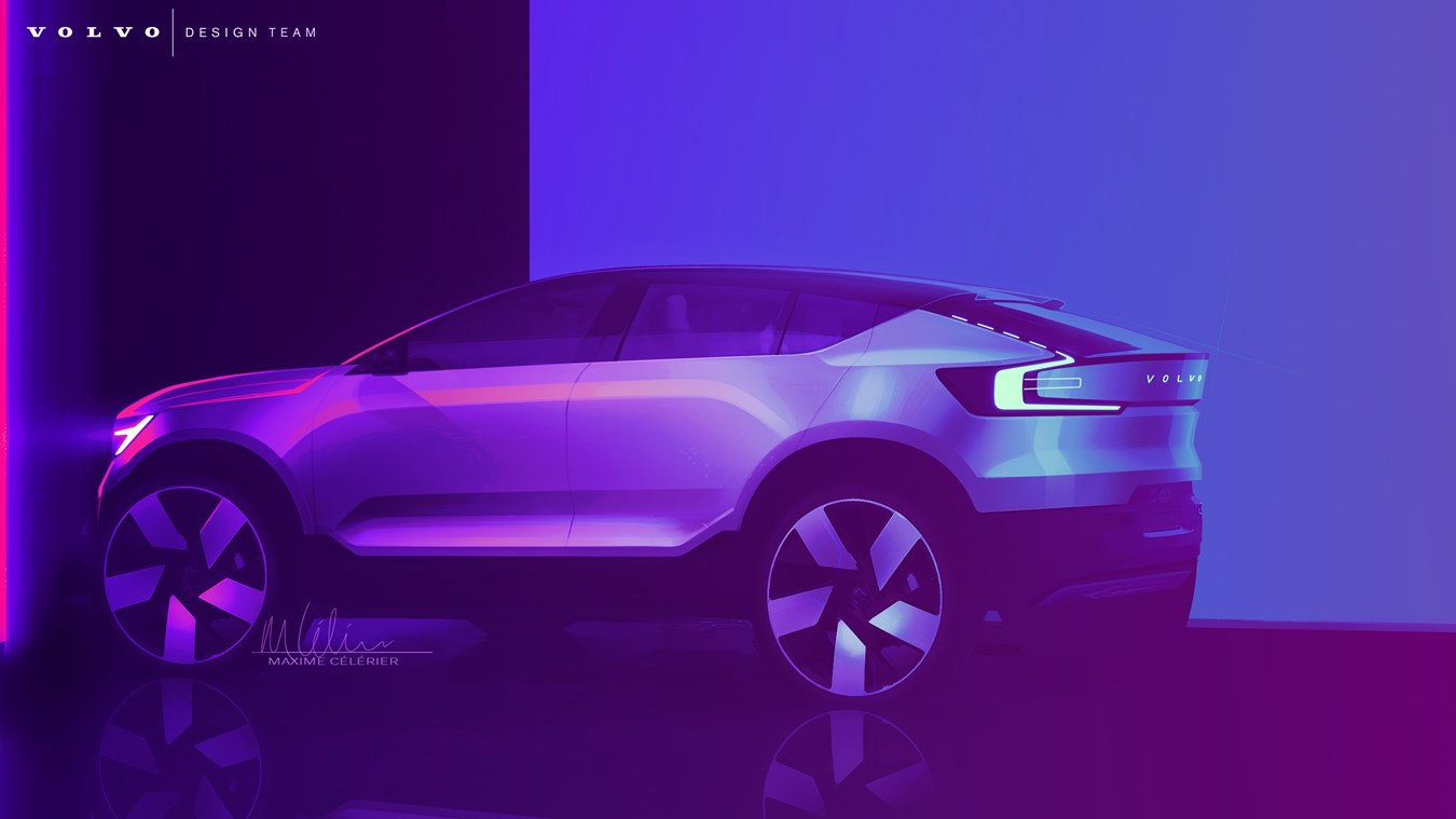 Another sketch created by Maxime Célérier, this time from an angle that brings out the Volvo C40's unique combination of SUV-like elements and lower profile.