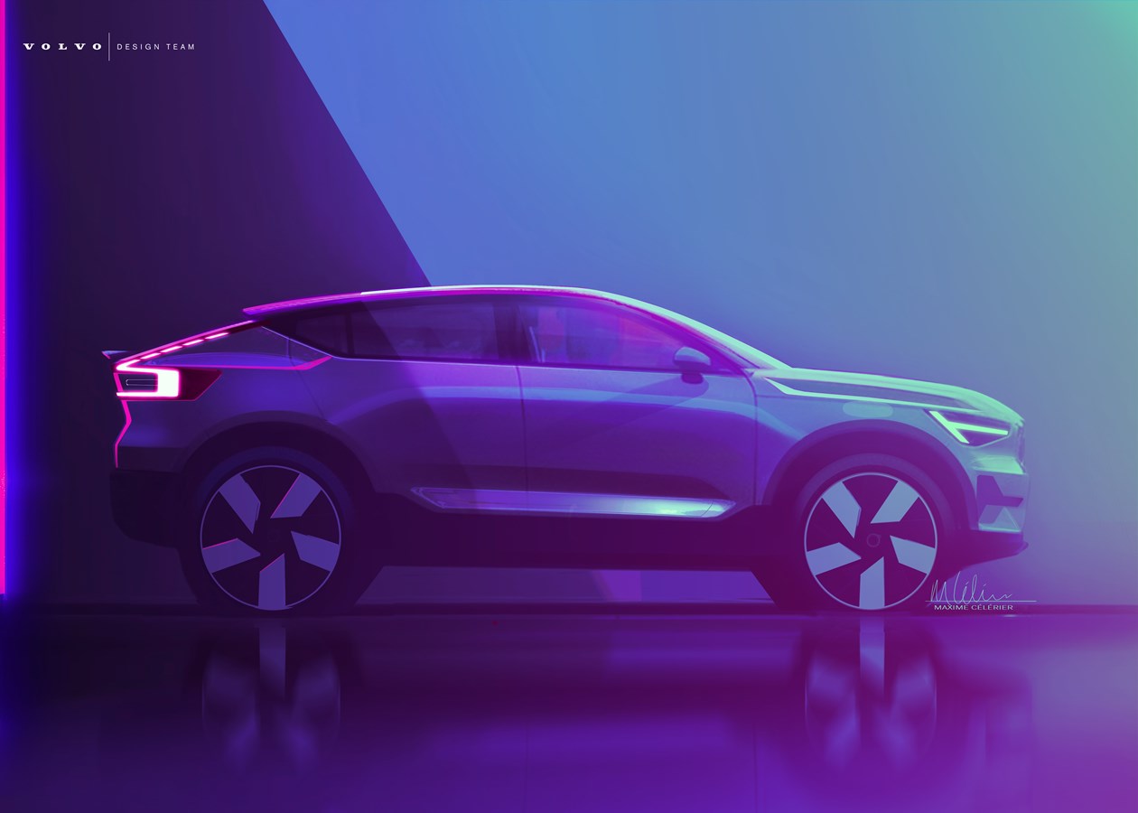 A profile view sketch showing off the Volvo C40’s roofline, created by Maxime Célérier.