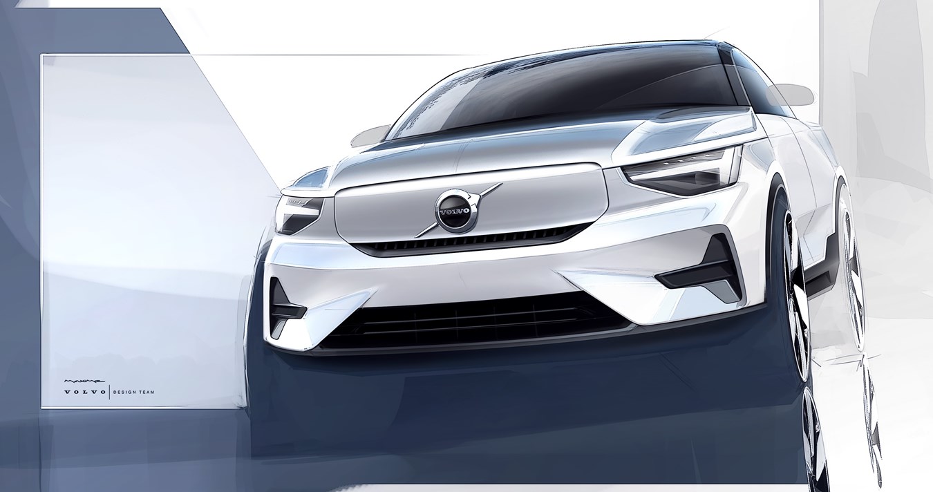 A sketch made by Maxime Prevoteaux, showing the characterful face of the Volvo C40.