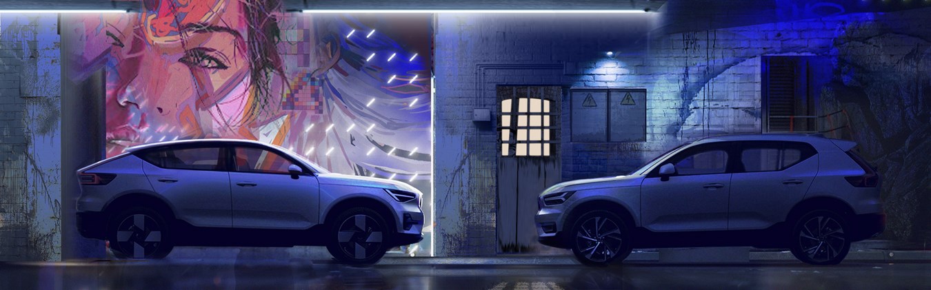 The Volvo C40 (left) juxtaposed with the car that inspired its creation, the XC40. This is the original sketch, created by Yury Zamkavenka in the Volvo Cars design team.