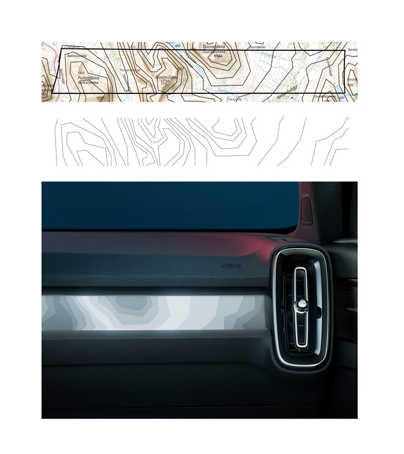 The graphics on the Volvo C40’s dashboard and front door panels are directly inspired by the Abisko national park in Sweden, as seen in this comparison. The contours of a topography map of the park were traced and used to create an abstract digitalised design with a layered pattern. Backlit by LED lamps, it creates an atmospheric three-dimensional effect.