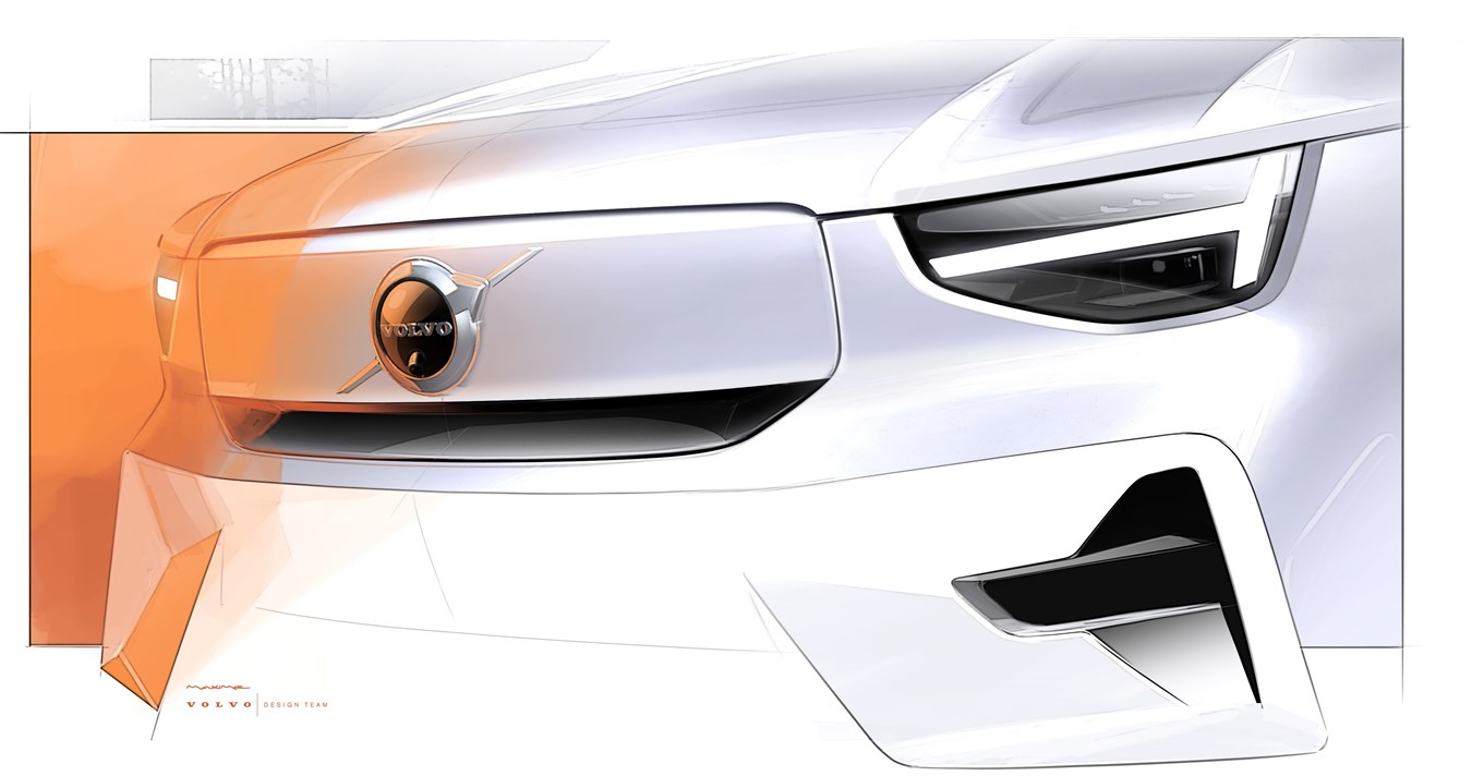 A close-up sketch of the Volvo C40 front, created by Maxime Prevoteaux.