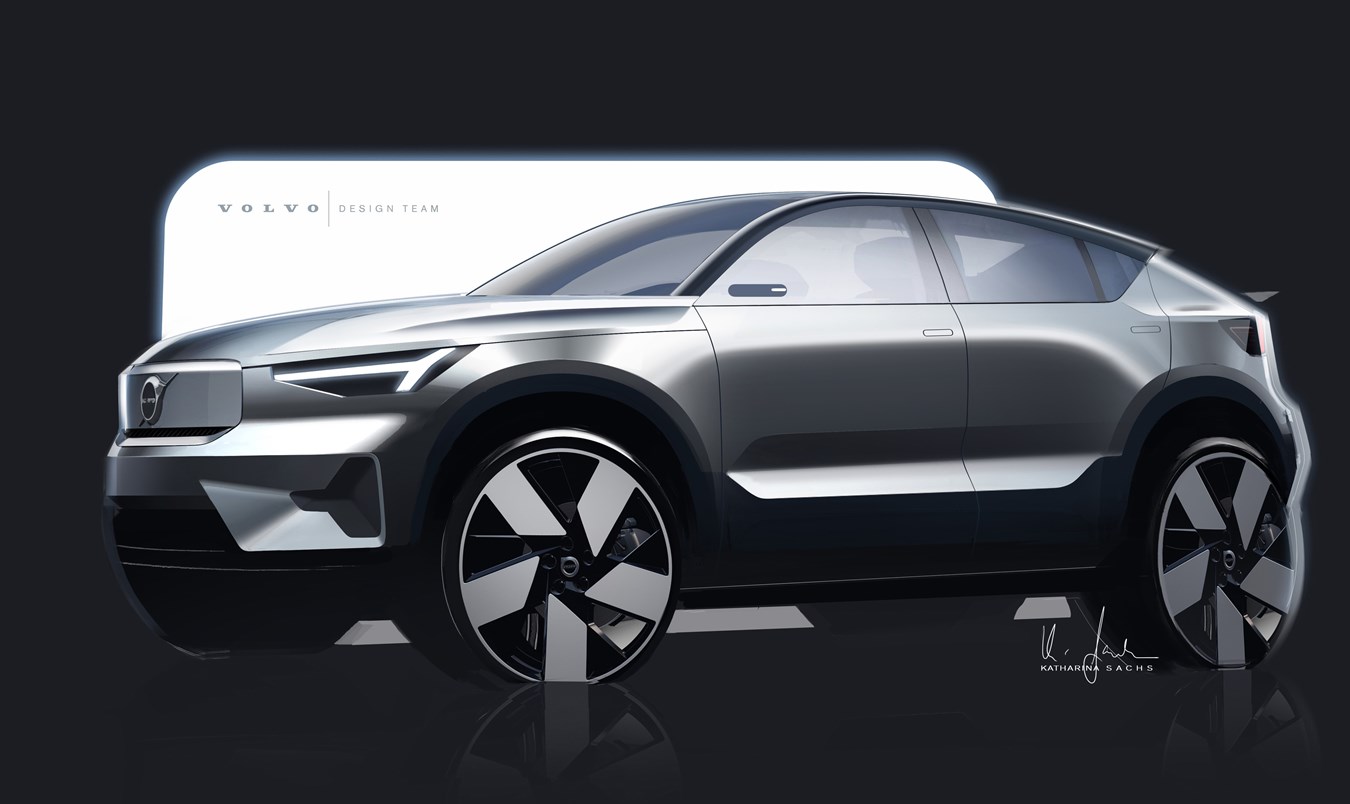Volvo C40 front three-quarter view sketch, created by Katharina Sachs. Notice the added fifth spoke in the wheel compared to the original sketch.