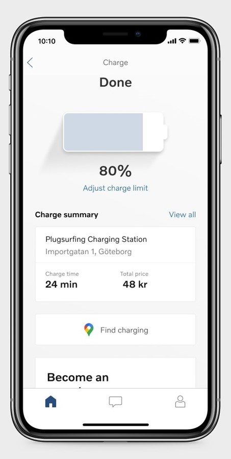 Demo of charging functionalities in Volvo Cars app charging finished