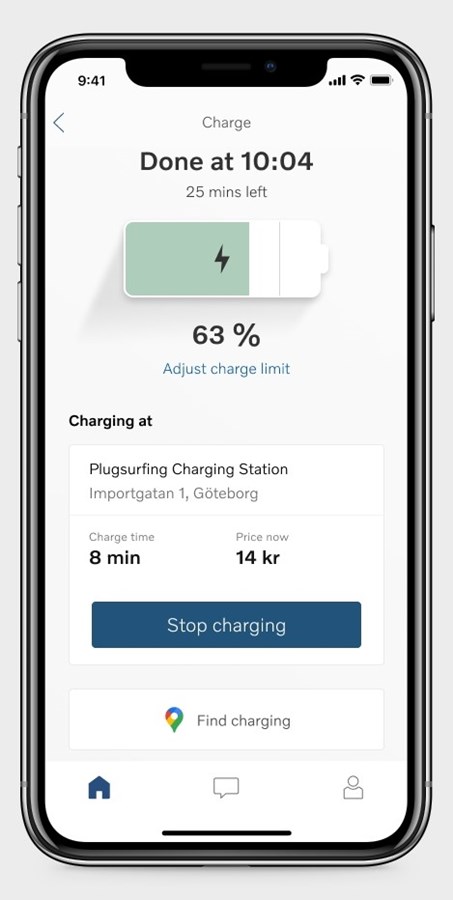 Démonstration des fonctionnalités de charge dans l'application Volvo Cars avec une recharge en cours