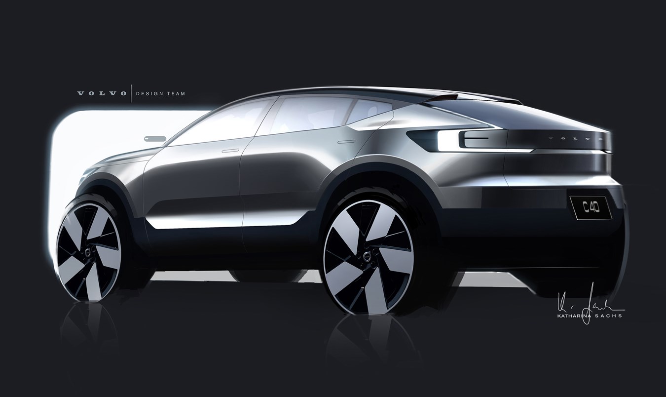 Volvo C40 rear seven-eighths view sketch, created by Katharina Sachs.