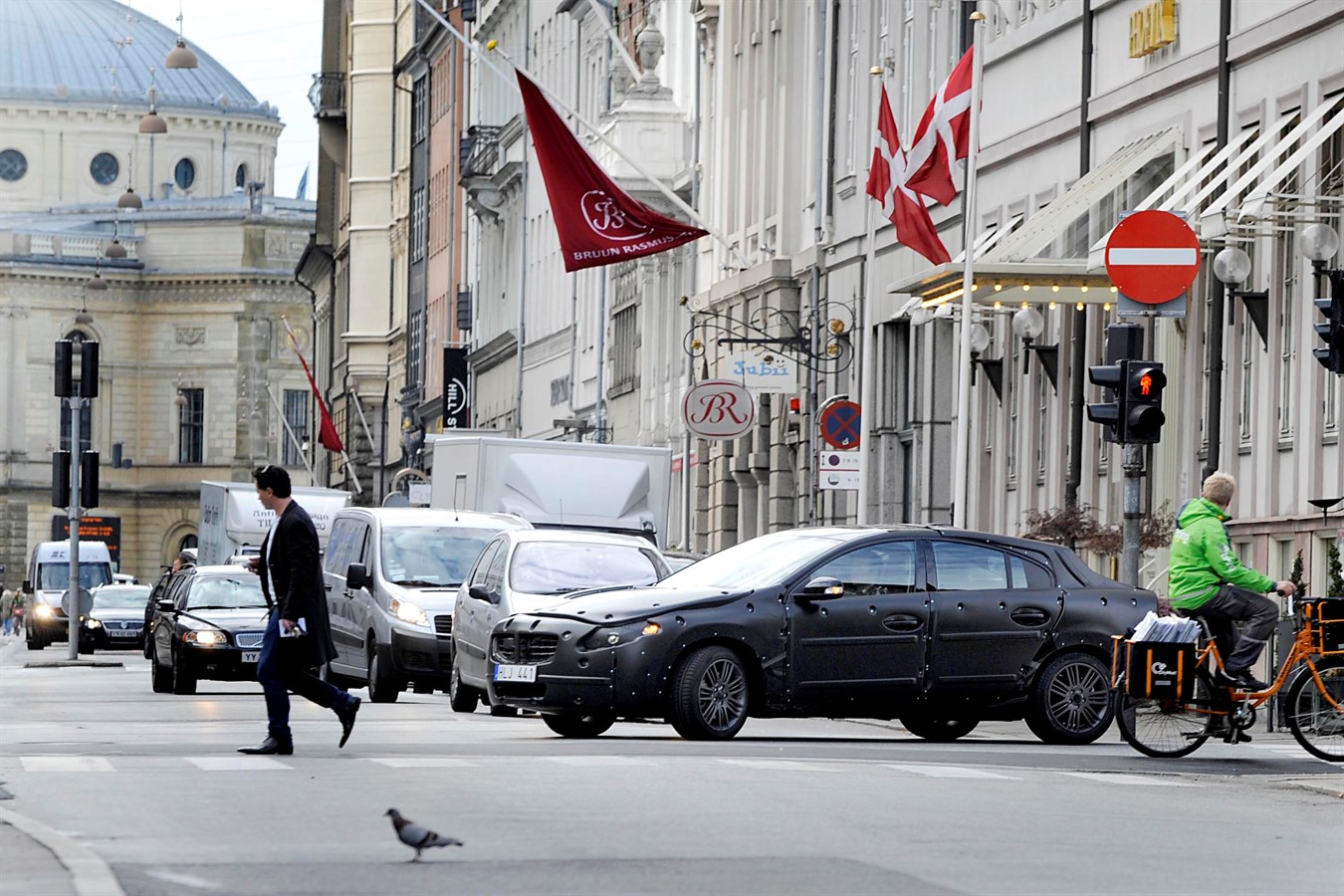 Disguised Volvo S60, testing pedestrian protection system in Copenhagen.