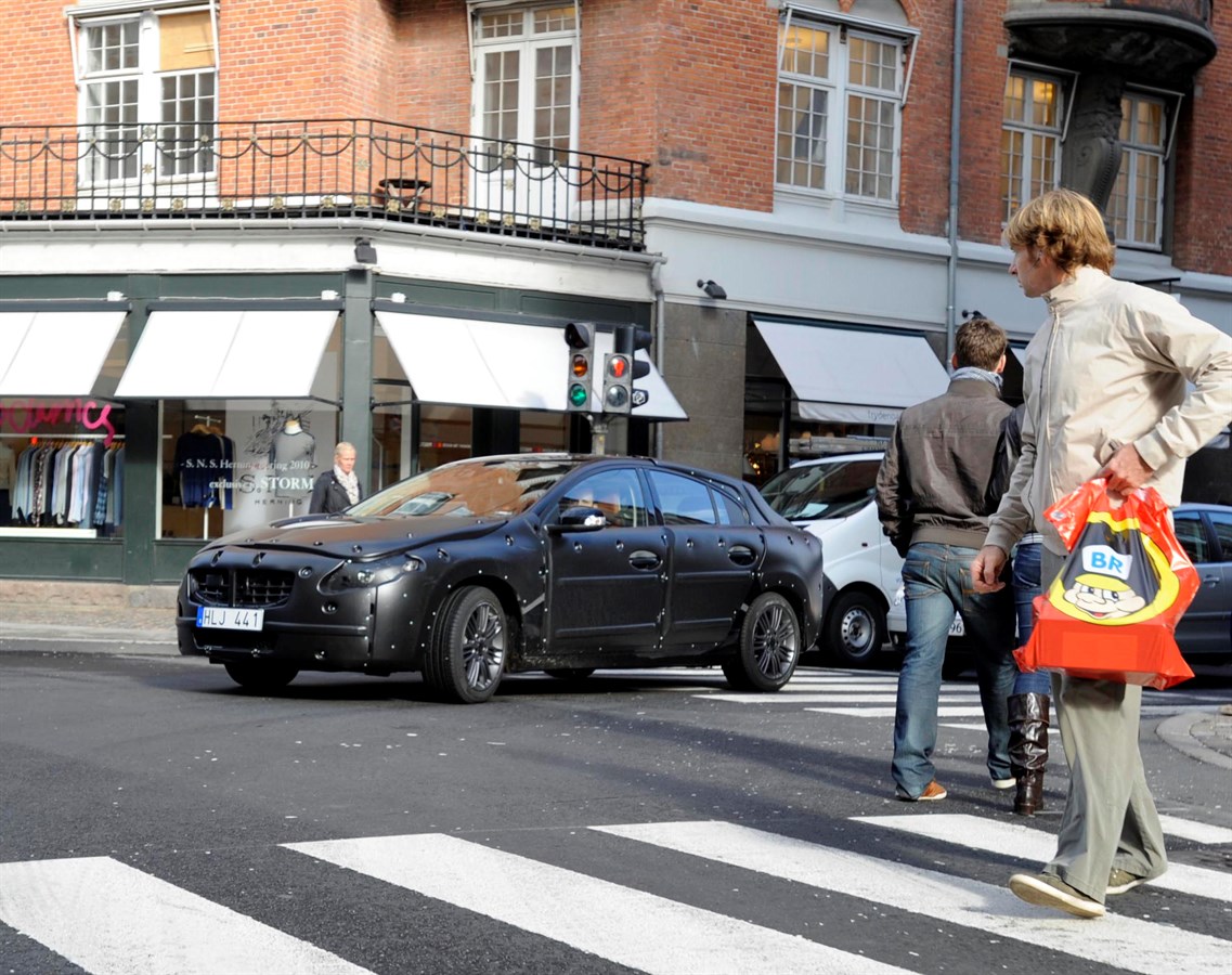 Disguised Volvo S60, testing pedestrian protection system in Copenhagen.
