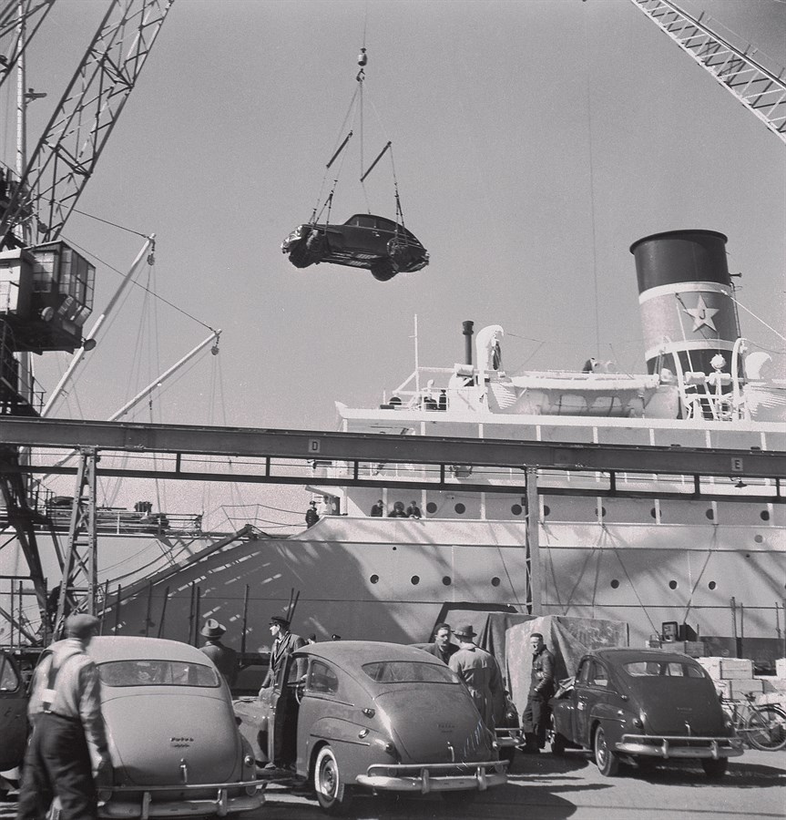 A 1957 PV444 is flying high on its way on board one of the Swedish Johnson Line's transport vessels bound for the USA.