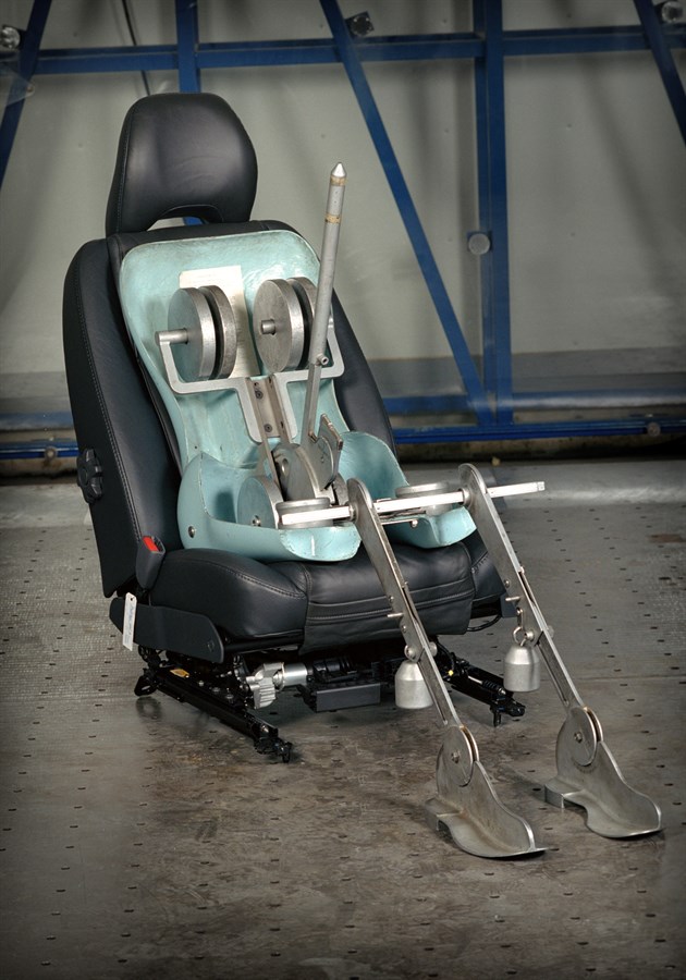 Nicknamed 'Mr. Chairman', the SAE dummy takes the place of the human occupant in development tests.