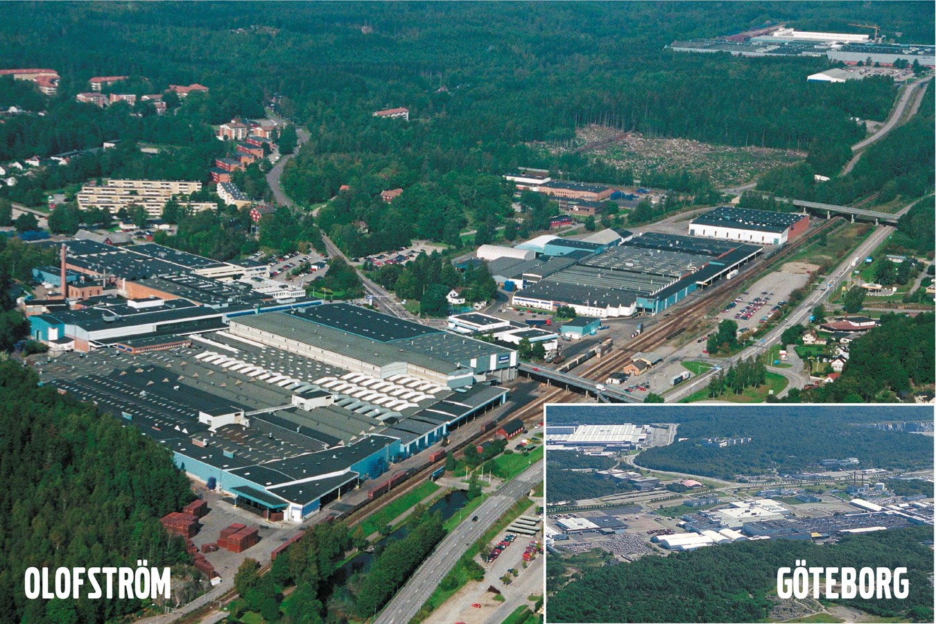 Fotografia aerea dello stabilimento di produzione dei componenti per le carrozzerie delle vetture Volvo di Olofström e dell'officina di pre-assemblaggio di Torslanda, in Svezia