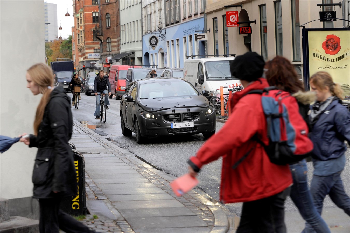 Disguised Volvo S60, testing pedestrian protection in Copenhagen.